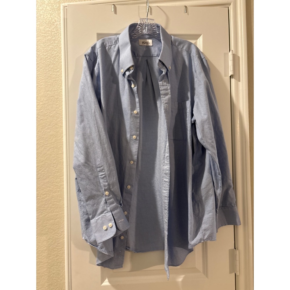Mens Ken's Man's Shop Blue White Stripe Button Down Dress Shirt Size L